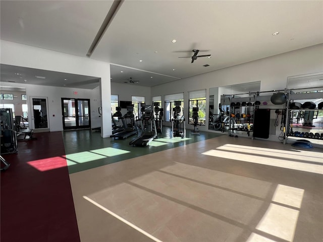 exercise room with visible vents, recessed lighting, french doors, and ceiling fan