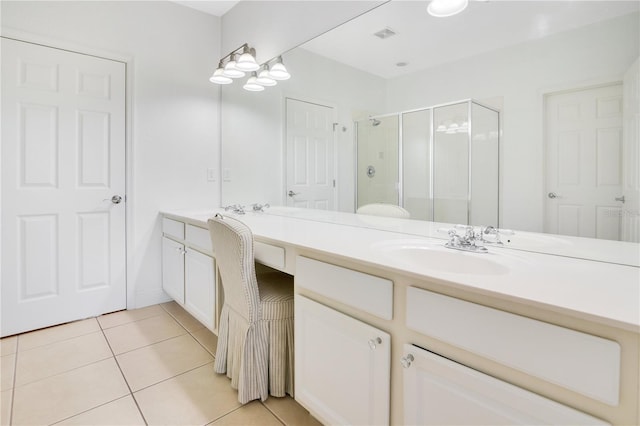 bathroom with tile patterned floors, visible vents, a stall shower, a sink, and double vanity