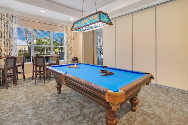 game room with billiards, carpet flooring, recessed lighting, and ornamental molding