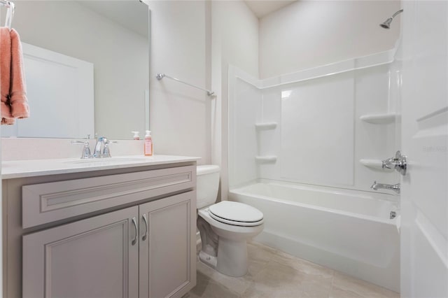 full bath with vanity, shower / bathing tub combination, toilet, and tile patterned flooring