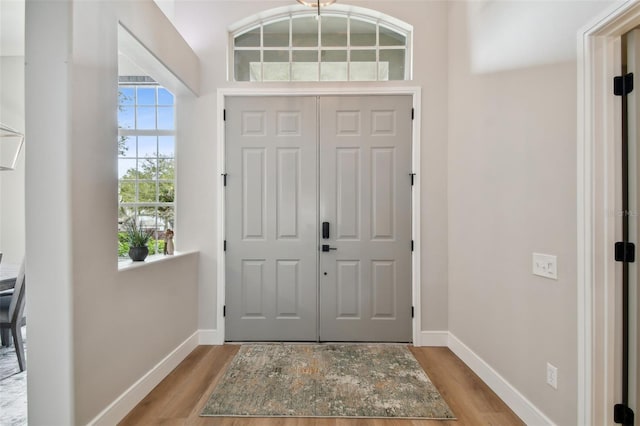 entryway with wood finished floors, baseboards, and a wealth of natural light