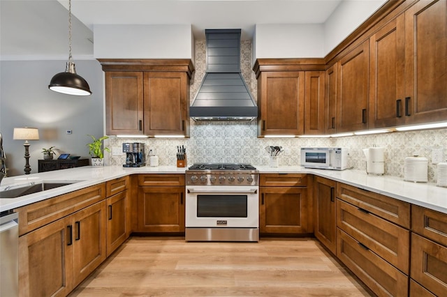 kitchen featuring decorative backsplash, premium range hood, light wood finished floors, and stainless steel appliances