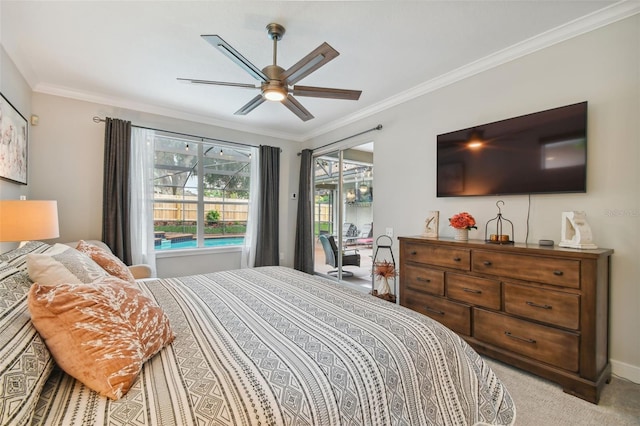 bedroom featuring light carpet, access to outside, crown molding, baseboards, and ceiling fan