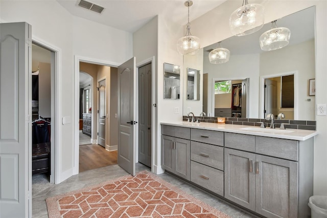 full bathroom featuring double vanity, visible vents, a walk in closet, and a sink