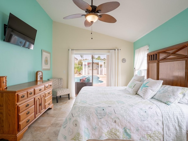 bedroom featuring light tile patterned floors, a ceiling fan, vaulted ceiling, and access to outside