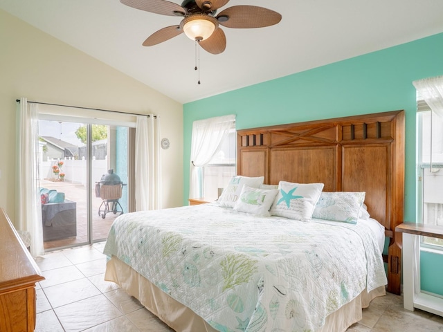 bedroom featuring light tile patterned floors, lofted ceiling, a ceiling fan, and access to outside