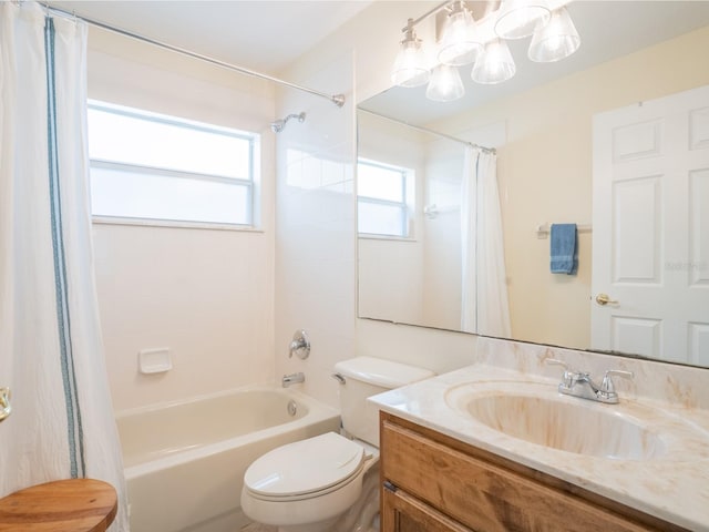 full bathroom with toilet, vanity, and shower / bath combination with curtain