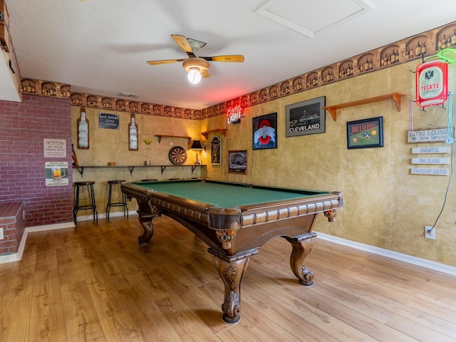 playroom featuring visible vents, wood-type flooring, pool table, baseboards, and ceiling fan