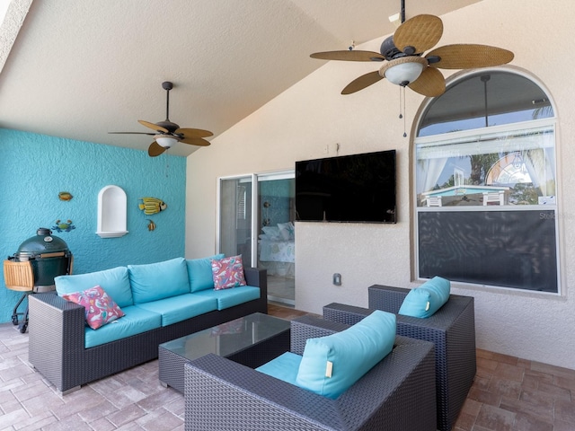 view of patio / terrace featuring a ceiling fan and an outdoor hangout area