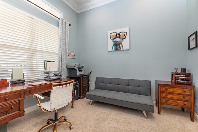 carpeted home office with baseboards and ornamental molding