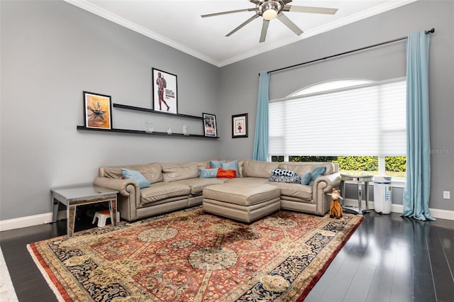 living area featuring ceiling fan, wood finished floors, baseboards, and ornamental molding