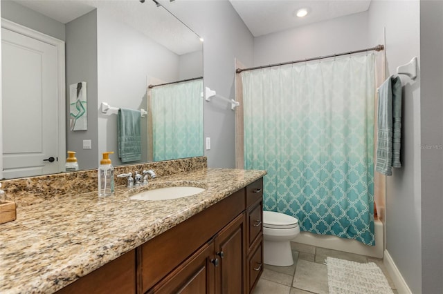 full bath with tile patterned flooring, baseboards, toilet, shower / bath combination with curtain, and vanity