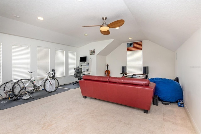 carpeted living area with lofted ceiling, plenty of natural light, and a textured ceiling