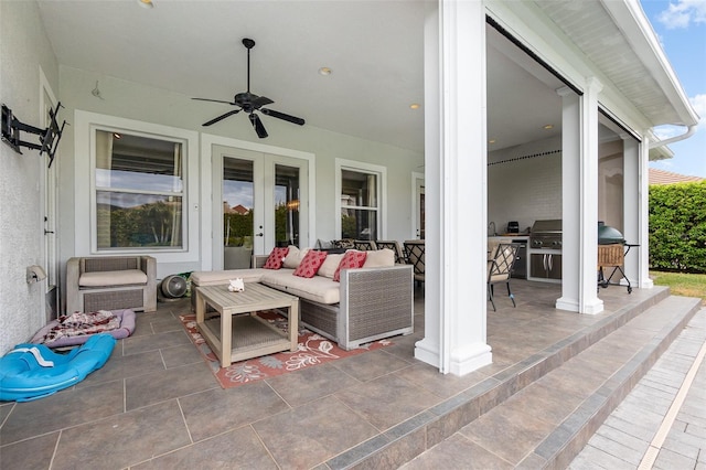 view of patio featuring a grill, french doors, an outdoor hangout area, and a ceiling fan