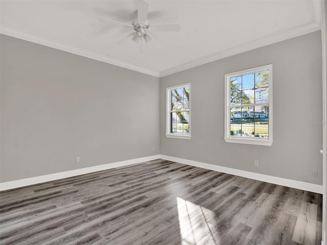 7548 Gathering Dr, Reunion, FL 34747 - spare room featuring a ceiling fan, wood finished floors, baseboards, and ornamental molding