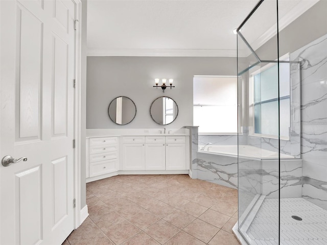 7548 Gathering Dr, Reunion, FL 34747 - full bathroom with a marble finish shower, crown molding, and double vanity