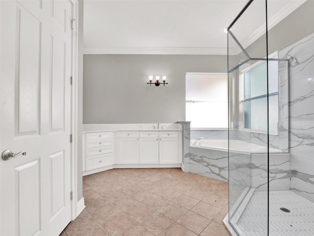 7548 Gathering Dr, Reunion, FL 34747 - bathroom with vanity, crown molding, a bath, and a marble finish shower