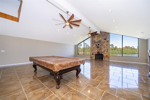 recreation room featuring billiards, a ceiling fan, baseboards, lofted ceiling with beams, and a stone fireplace