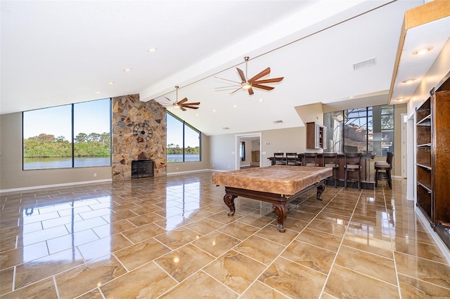 playroom featuring visible vents, beam ceiling, billiards, a stone fireplace, and baseboards