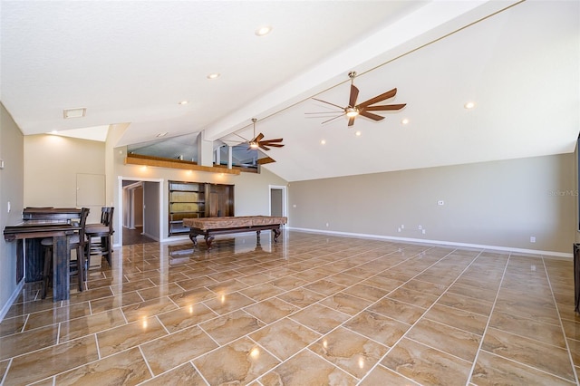 living room featuring visible vents, baseboards, ceiling fan, and vaulted ceiling with beams