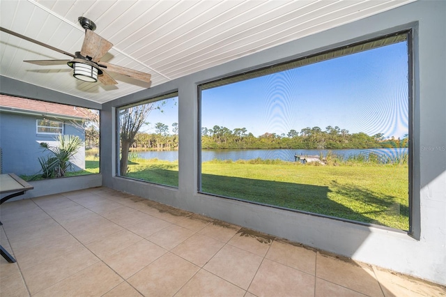 unfurnished sunroom featuring ceiling fan, a water view, and wooden ceiling