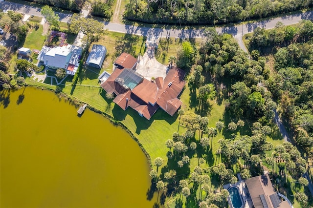 drone / aerial view featuring a water view