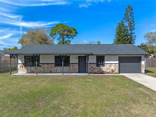 ranch-style house with stucco siding, concrete driveway, a garage, and fence