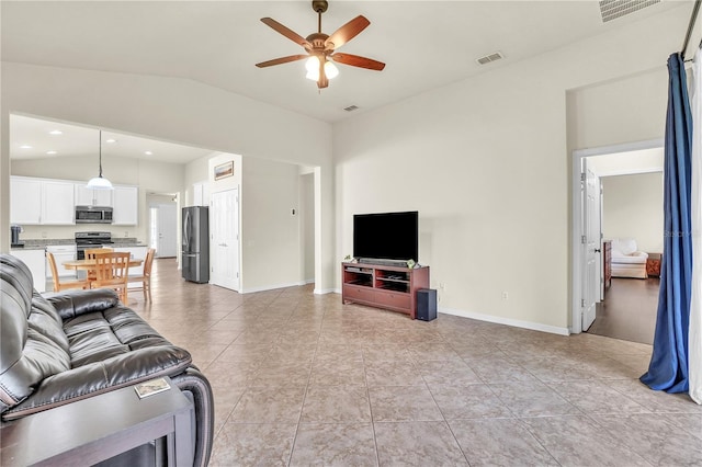 living room featuring visible vents, light tile patterned flooring, a ceiling fan, and vaulted ceiling