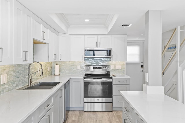 kitchen with visible vents, a sink, ornamental molding, stainless steel appliances, and a raised ceiling