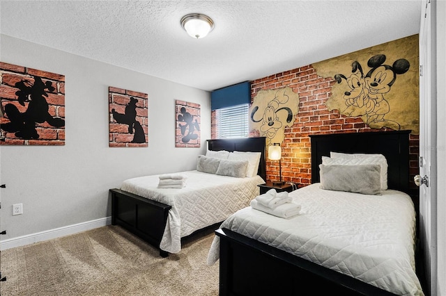 bedroom with a fireplace, a textured ceiling, baseboards, and carpet floors