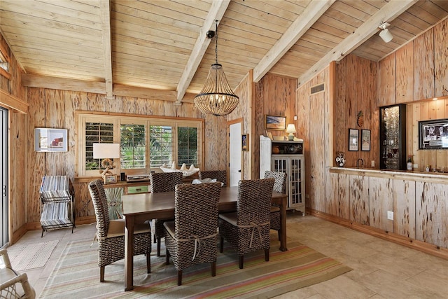 dining room featuring wooden ceiling, track lighting, wood walls, and a chandelier