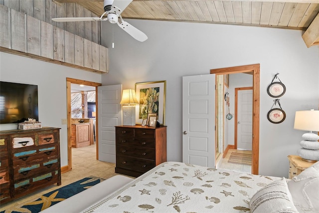 bedroom with light tile patterned flooring and wood ceiling