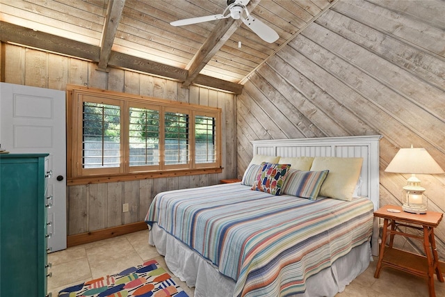 bedroom with ceiling fan, wood ceiling, wood walls, and vaulted ceiling with beams