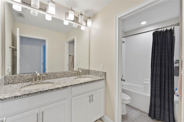 full bath featuring tile patterned flooring, shower / bath combo, visible vents, and a sink