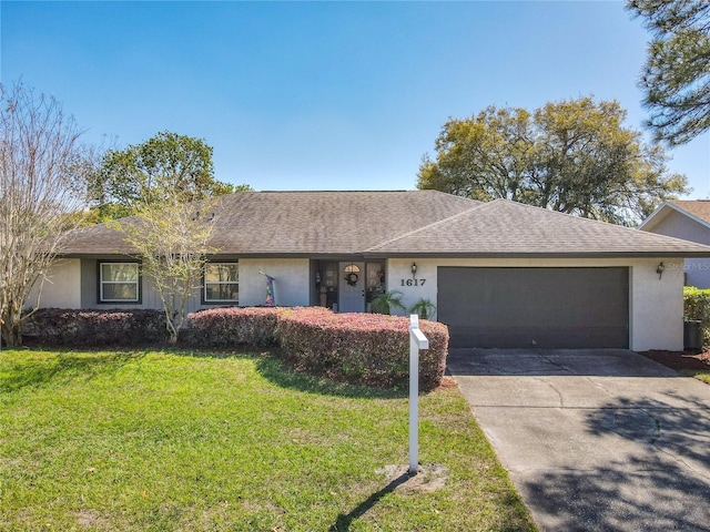 single story home with stucco siding, an attached garage, concrete driveway, and a shingled roof