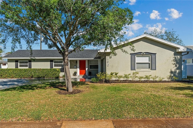 ranch-style home with stucco siding and a front lawn