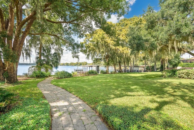 view of yard with a water view