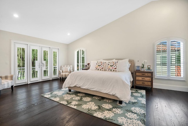 bedroom featuring high vaulted ceiling, wood finished floors, recessed lighting, baseboards, and access to exterior