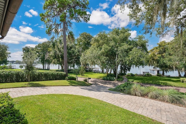 surrounding community with a yard and a water view