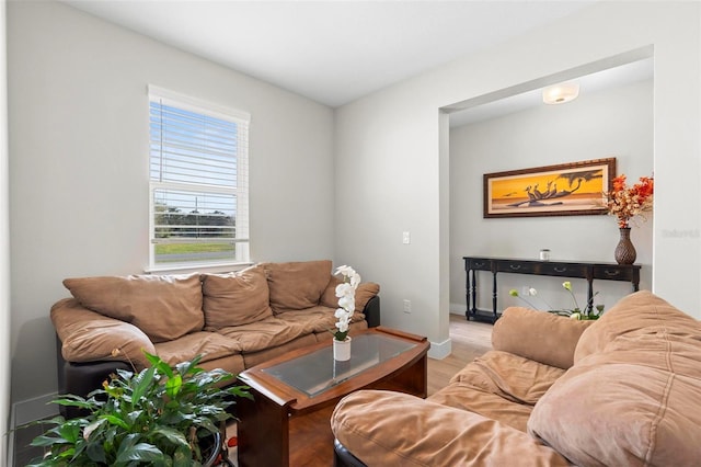 living room with wood finished floors and baseboards