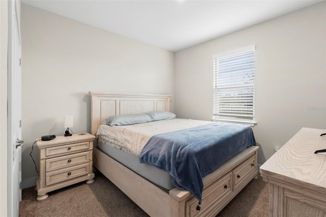 bedroom with dark colored carpet