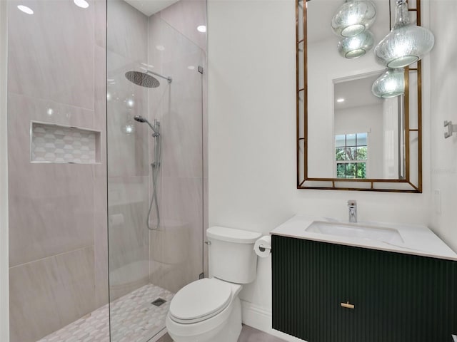 bathroom featuring toilet, vanity, and walk in shower