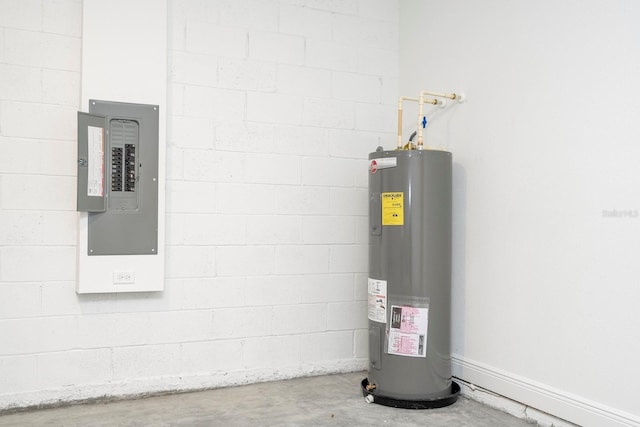 utility room featuring electric panel and electric water heater