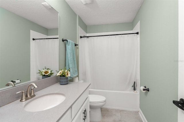 bathroom with toilet, vanity, tile patterned floors, a textured ceiling, and shower / bathtub combination with curtain