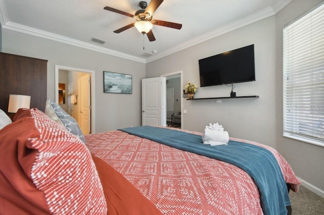 bedroom featuring visible vents, ornamental molding, carpet, baseboards, and ceiling fan