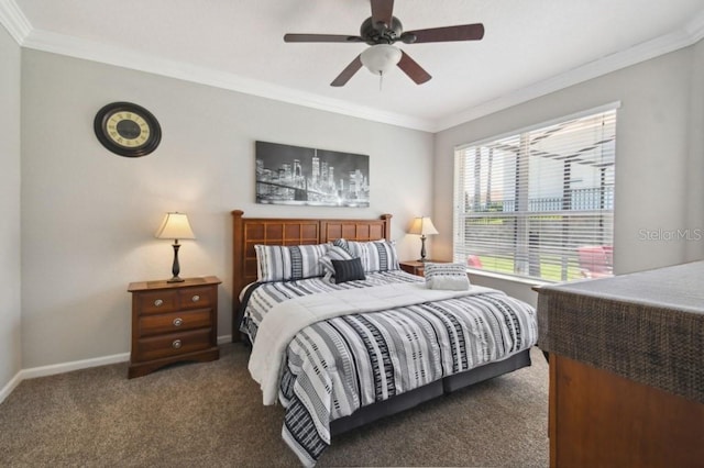 bedroom with ceiling fan, baseboards, carpet, and ornamental molding