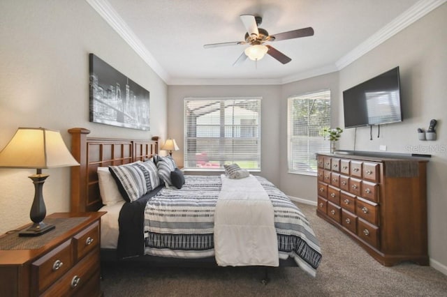 bedroom featuring carpet flooring, a ceiling fan, crown molding, and baseboards