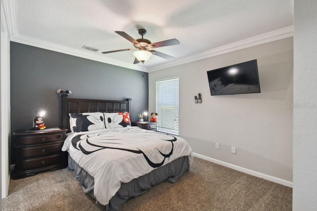 bedroom featuring visible vents, carpet, and ornamental molding