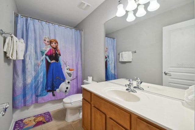 bathroom with tile patterned flooring, visible vents, toilet, a shower with shower curtain, and vanity