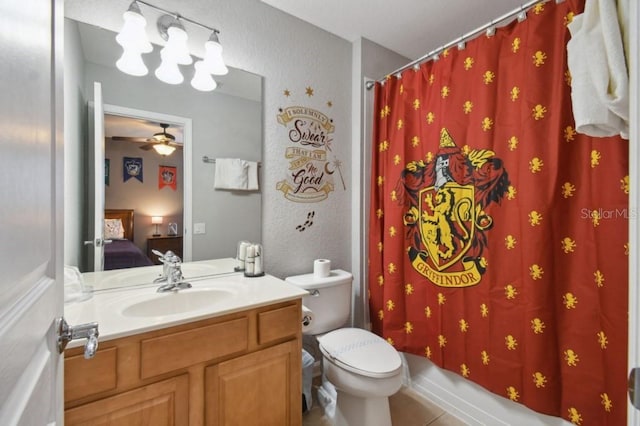 bathroom featuring connected bathroom, toilet, a shower with curtain, tile patterned floors, and vanity